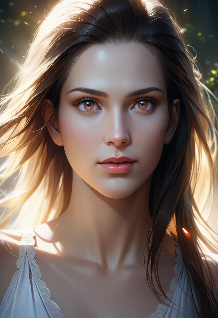 A woman with a dreamy expression, skin glistening with oil, wearing a simple, white dress, hair flowing in the wind, soft, ethereal lighting, beautiful detailed eyes, beautiful detailed lips, extremely detailed eyes and face, long eyelashes, (best quality, 4k, 8k, highres, masterpiece:1.2), ultra-detailed, (realistic, photorealistic, photo-realistic:1.37), soft lighting, professional, sharp focus