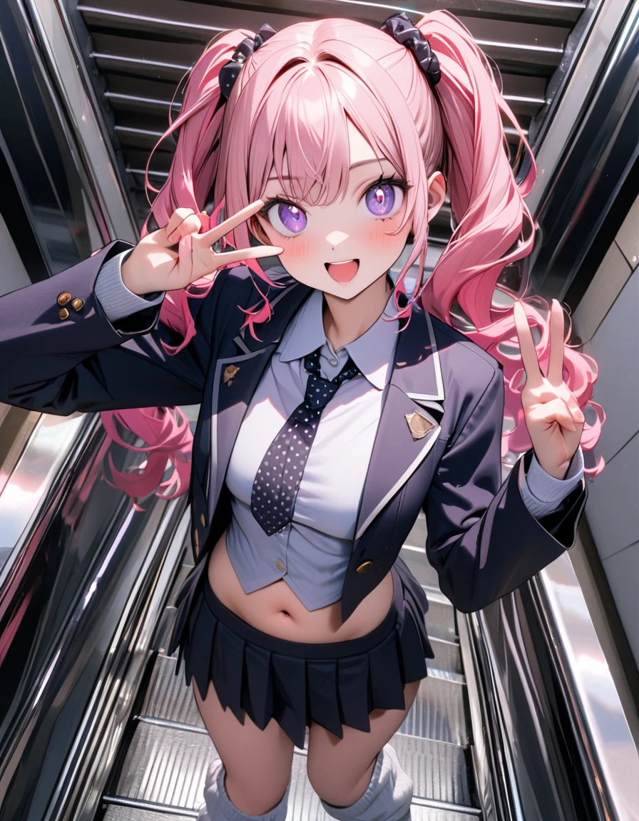 (8K, best quality, master piece: 1.2), super high resolution,1 girl,16yo,solo,1ultra-detailed face,detailed eyes,sparkling pupils,Mascara,Bubblegum Pink hair,natural wave hair,twintails,amethyst Eyes,(scrunchie,blazer,Short pleated skirt),(gray:1.5),navel,polka-dot pattern Ribbon tie,happy,medium breasts,((loose socks)),(making a peace sign),リムライト,standing on a down escalator,Look at Viewer
