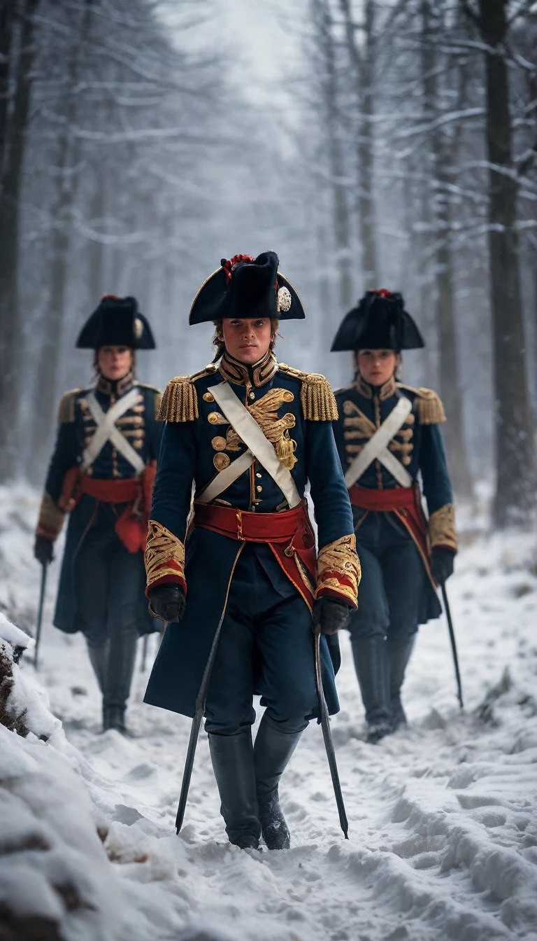 Illustrate Napoleon's beautiful female troops trudging through snow-covered landscapes, struggling against the harsh winter conditions, background dark, hyper realistic, ultra detailed hyper realistic, photorealistic, Studio Lighting, reflections, dynamic pose, Cinematic, Color Grading, Photography, Shot on 50mm lens, Ultra-Wide Angle, Depth of Field, hyper-detailed, beautifully color, 8k