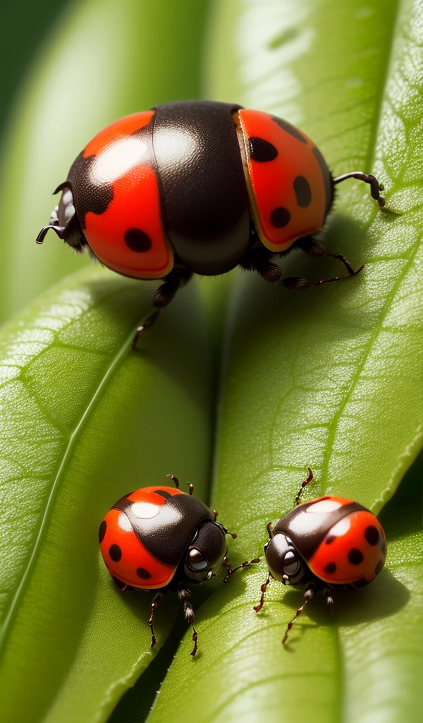 A macro shot of a vibrant red ladybug on a green leaf with detailed textures and soft focus background.