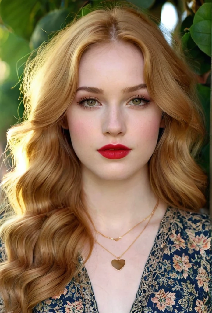 A small young woman with a pear-shaped body, narrow shoulders, small bust, narrow waist, wider hips, and full, rounded thighs. She has smooth, pale skin, long wavy strawberry blonde hair, large almond-shaped hazel eyes with thick dark lashes, a heart-shaped face, high cheekbones, a small upturned nose, and full rosy lips. She wears bohemian and vintage-inspired outfits with high-waisted skirts, fitted tops, and layered jewelry