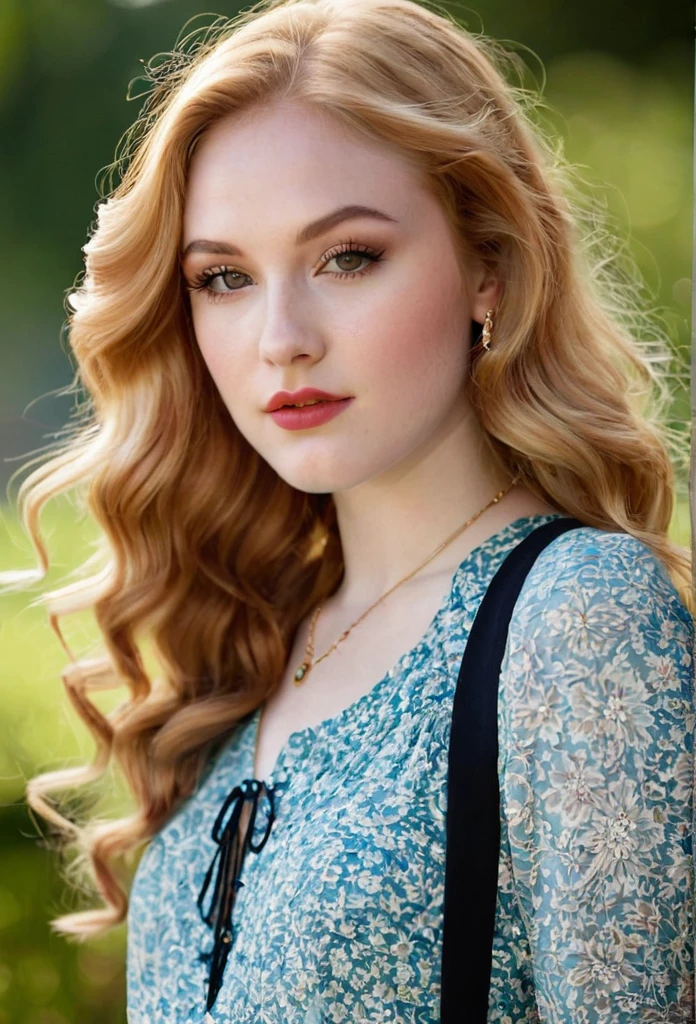 A small young woman with a pear-shaped body, narrow shoulders, small bust, narrow waist, wider hips, and full, rounded thighs. She has smooth, pale skin, long wavy strawberry blonde hair, large almond-shaped hazel eyes with thick dark lashes, a heart-shaped face, high cheekbones, a small upturned nose, and full rosy lips. She wears bohemian and vintage-inspired outfits with high-waisted skirts, fitted tops, and layered jewelry