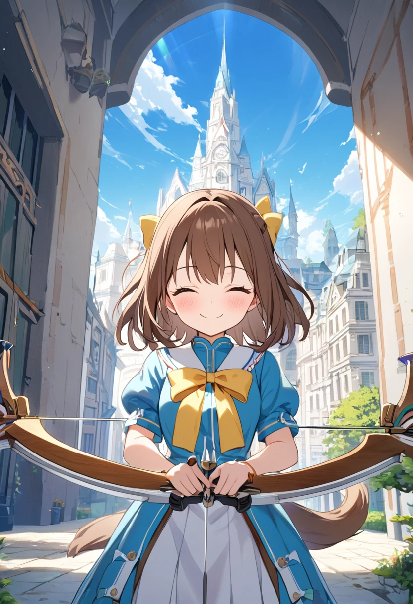 1 girl, alone, broad, blush, SMILE, Brown hair, bow, two tails, Closed eyes, weapon, short sleeves, hair bow, sky, day, blue sky, building, in front of the viewer, yellow bow, bow (weapon), ARROW (projectile)