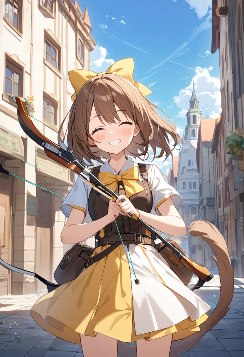 1 girl, alone, broad, blush, SMILE, Brown hair, bow, two tails, Closed eyes, weapon, short sleeves, hair bow, sky, day, blue sky, building, in front of the viewer, yellow bow, bow (weapon), ARROW (projectile)