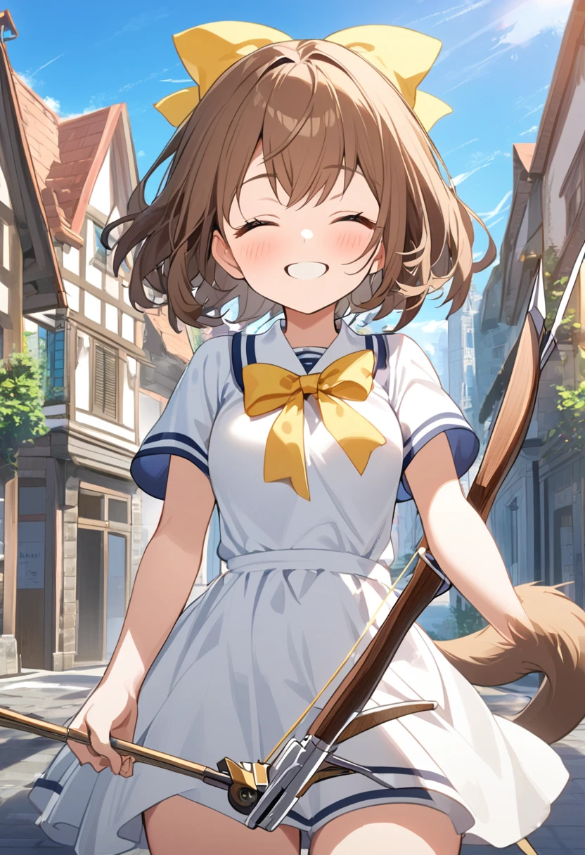 1 girl, alone, broad, blush, SMILE, Brown hair, bow, two tails, Closed eyes, weapon, short sleeves, hair bow, sky, day, blue sky, building, in front of the viewer, yellow bow, bow (weapon), ARROW (projectile)