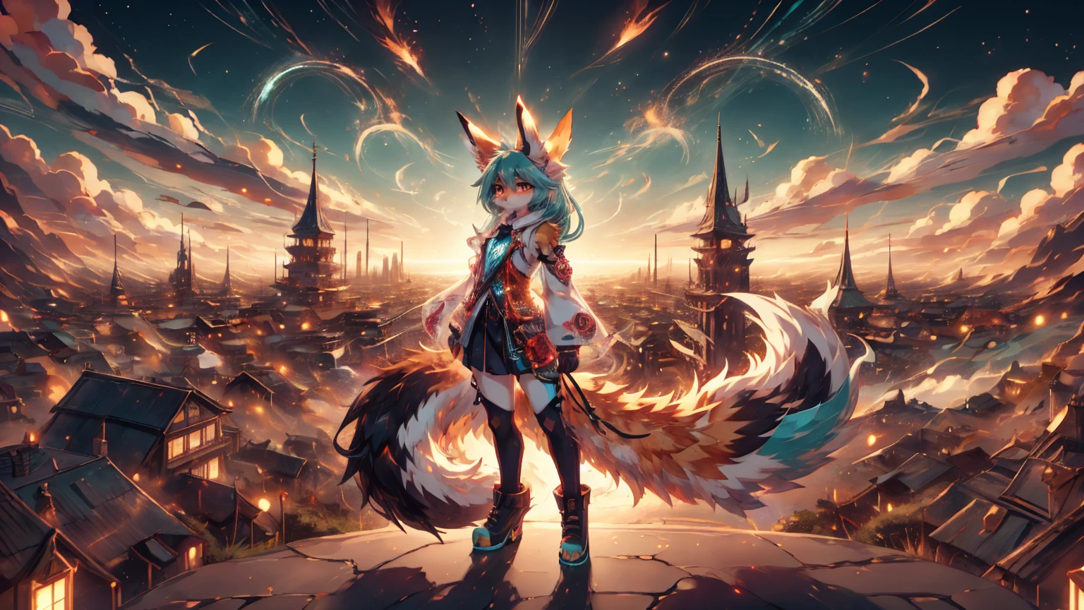 anime girl,tennage girl 18 years old, anime style, cute hatsune miku x white kitsune, shy girl , kitsune ears, dark natasha art, city landscape, art by vixen aztra, full body high definition in details the best image quality, add_detail:1