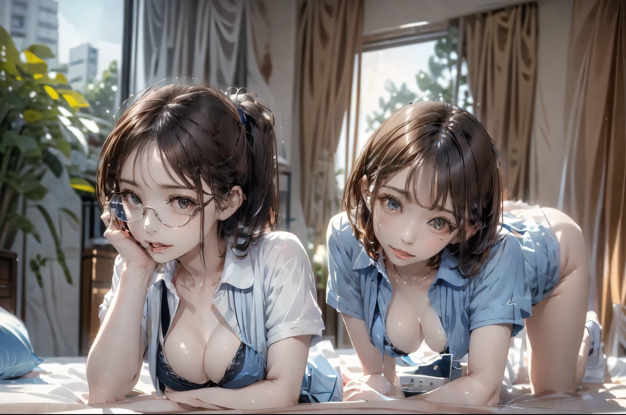 Browsing Caution,((Highest quality)),((masterpiece)),(detailed),((Anatomically correct)),((detailedな説明)),Shooting from the side,Sexy,Focus on the chest,((Vulgar face)),((In the bedroom)),Nasty female nurse,((Wear glasses)),Very small breasts,Skinny body,Black hair ponytail,head band,White shirt,((Shirt is open)),((Blue bra exposed)),boots,Get on all fours on the bed,