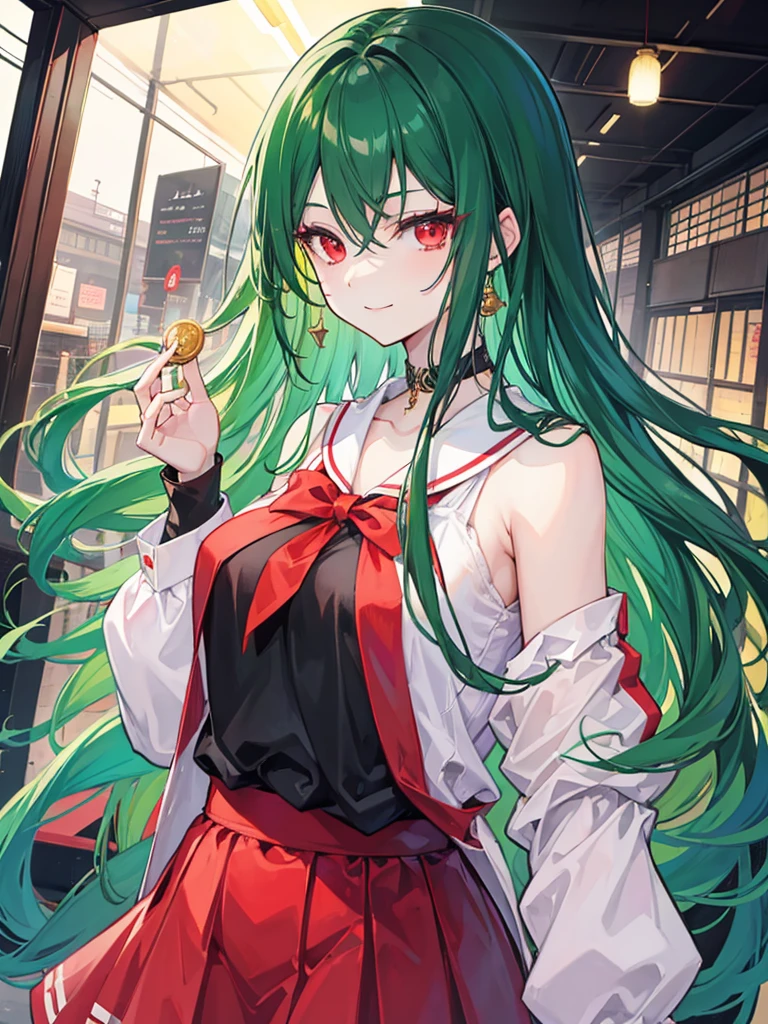 woman, red eyes, long curry wauy half black and green hair. wear , arrogant, independent woman. background in school yumenosaki. kind smile.