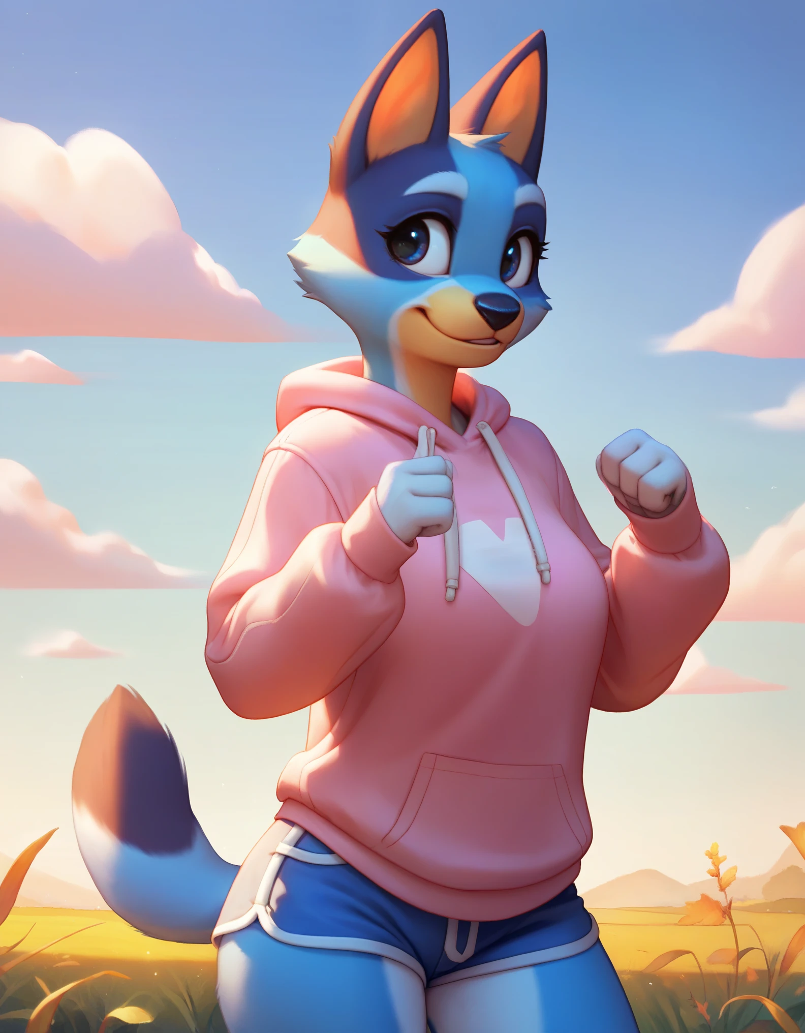 score_9, score_8_up, score_8, 1girl, source_cartoon, source_furry, blueyxl, bluey heeler, (boxchibi:0.2), 18 year old girl, cowboy shot, anthro, furry, tail, blue body, animal ears, flat shaded background, sky, day, cloud, blue sky, curvy, femanine, hourglass figure, , detailed fur texture, cute outfit, blue shorts, pink shirt, long sleeve, 