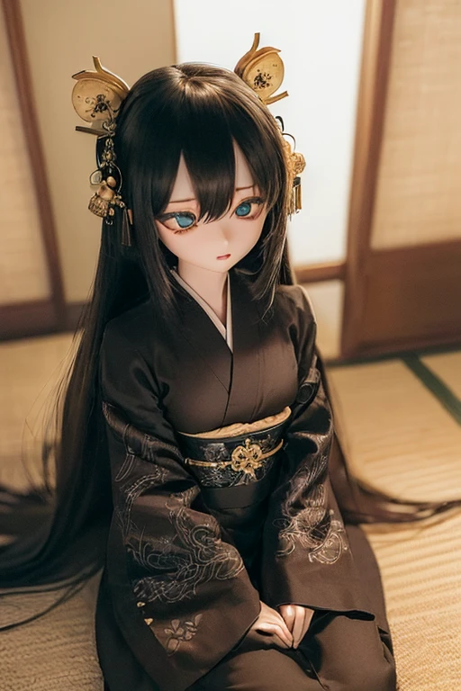 photorealistic, realistic photo, ((highest quality)), ((masterpiece)), (extremely detailed), kukolnydom, doll, (mature woman, 22yo, 22 years old:1.6), solo, ((cowboy shot, sitting on tatami, arms on sides, skinny, slender, slim, parted lips, black kimono, kanzashi)), green eyes, black hair, long hair, (looking down, blank eyes, empty eyes, detailed eyes, detailed face:1.3), obi, hair ornament, Japanese room, 8k