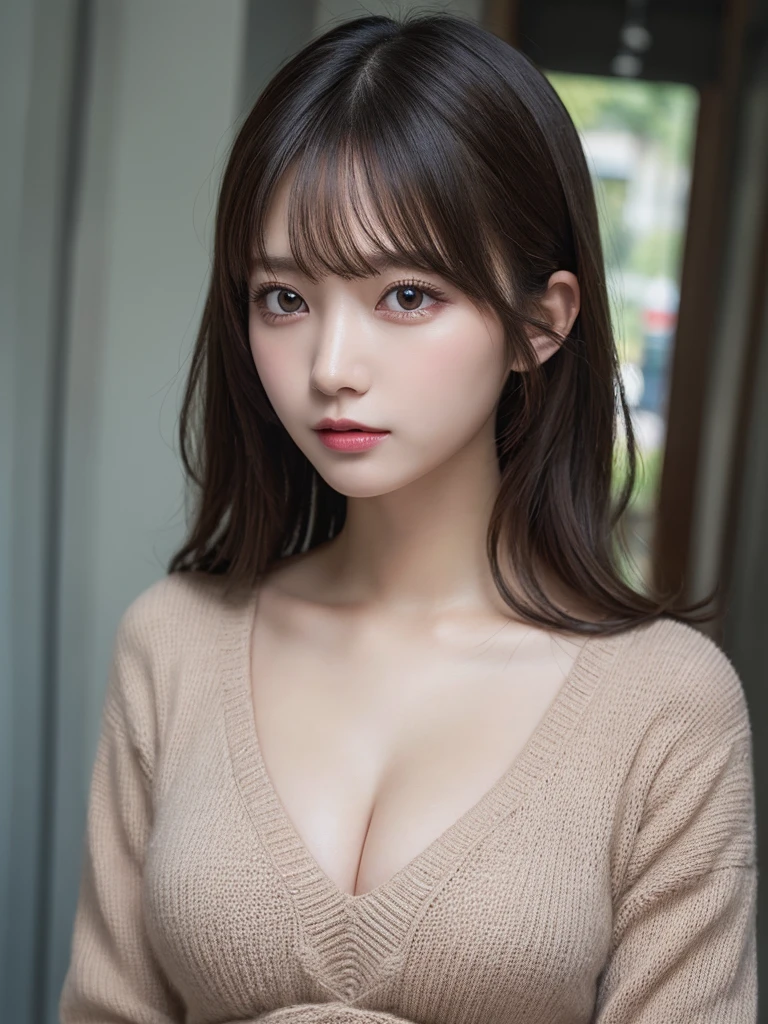 masutepiece, Best Quality, Illustration, Ultra-detailed, finedetail, hight resolution, 8K Wallpaper, Perfect dynamic composition, Beautiful detailed eyes, Natural lips, Red knitted dress , Big breasts, cleavage