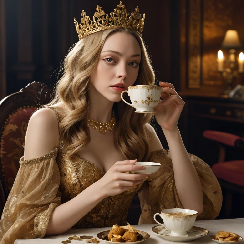 Masterpiece, Best Quality, Very detailed, sharp focus, dynamic lighting, vivid colors, texture detail, particle effects, narrative elements, narrative style, 16k, HDR, subject-background isolation,
surreal dramatic lighting shadow (praise, analogous thing), woman similar to Amanda Seyfried, brown sultana style dress with a gold crown on the head 1 hand is drinking tea, (perfect hand:1.2),