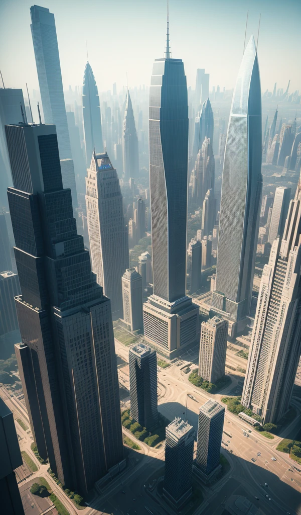 A high-resolution image of a futuristic cityscape with towering skryscrapers, flying vehicles, and advanced technology elements.
