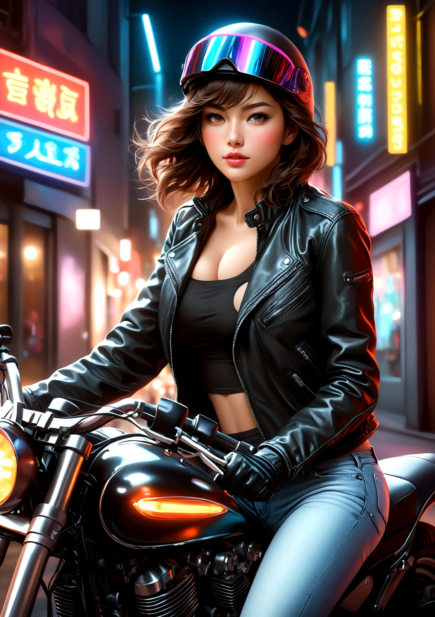 A girl riding a motorcycle with a helmet, stylish leather jacket, and tight jeans, street style, at night under neon lights, high-speed motion, strong dynamic, clear details, realistic, high quality, high resolution, artistic details, ultra-detailed, ultra-realistic:1.37, HDR, UHD, studio lighting, vivid colors, sharp focus, physically-based rendering, professional, bokeh, portraits,Mine Fujiko