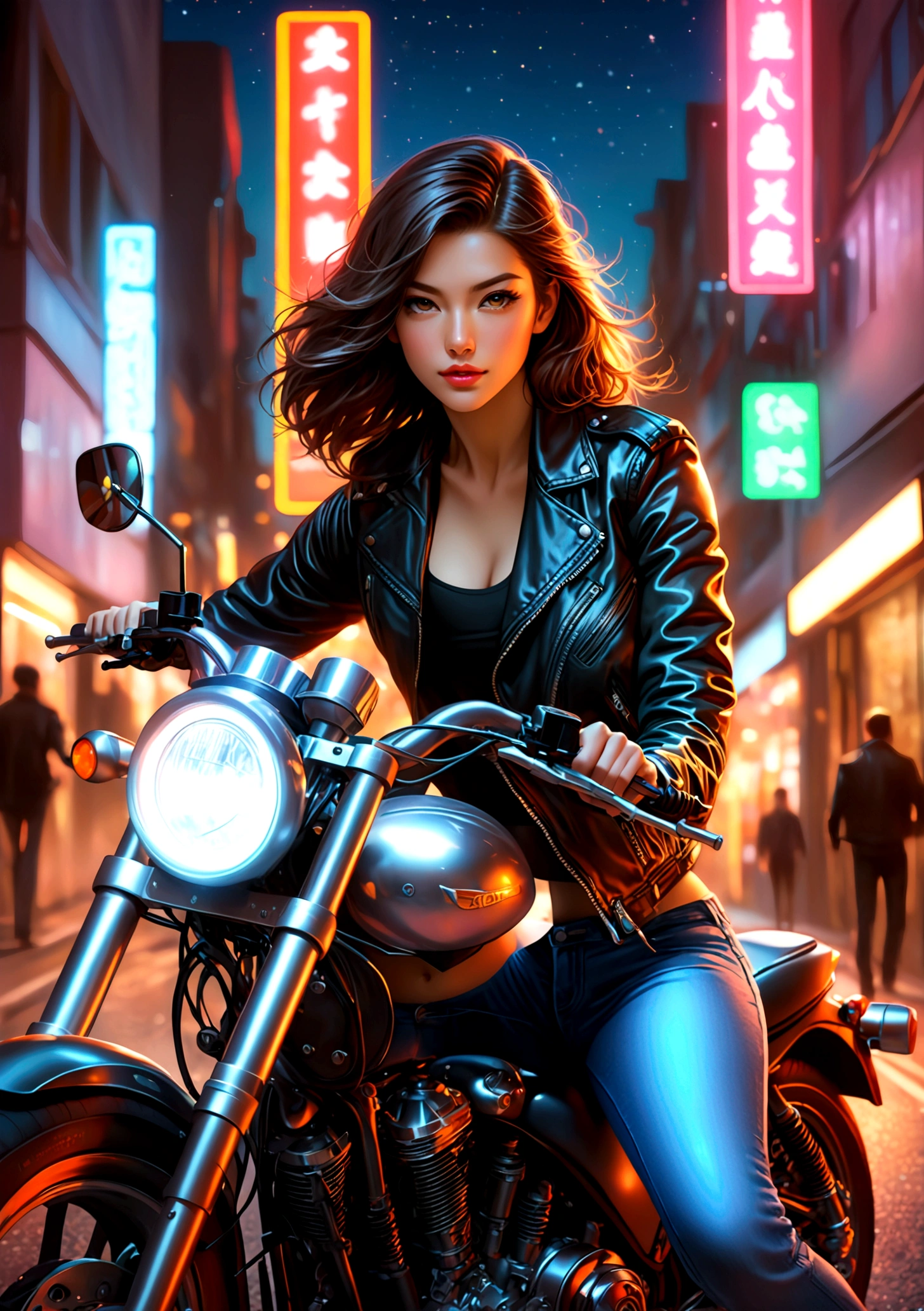 A girl riding a motorcycle with a helmet, stylish leather jacket, and tight jeans, street style, at night under neon lights, high-speed motion, strong dynamic, clear details, realistic, high quality, high resolution, artistic details, ultra-detailed, ultra-realistic:1.37, HDR, UHD, studio lighting, vivid colors, sharp focus, physically-based rendering, professional, bokeh, portraits,Mine Fujiko