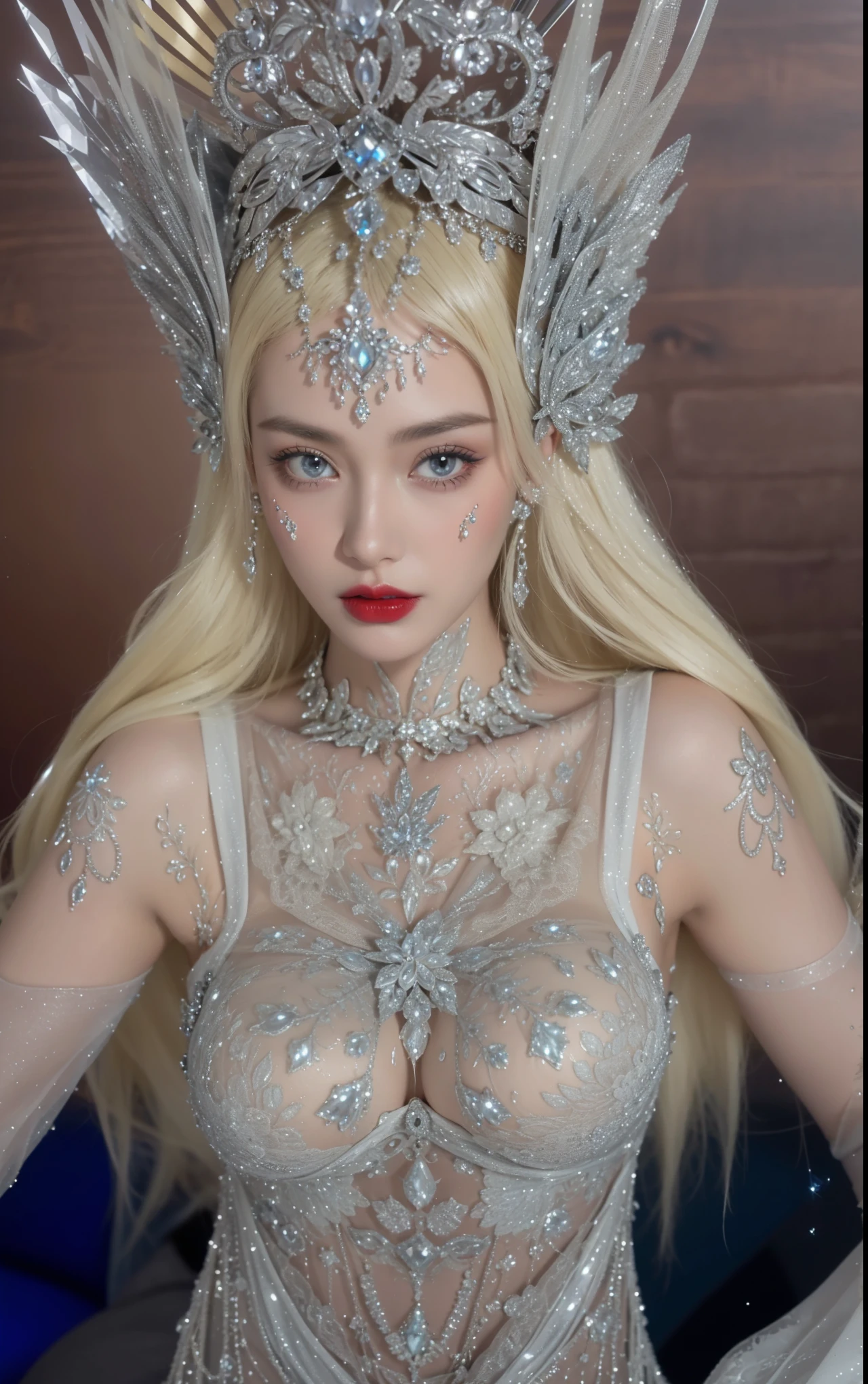 Royal princess，Super detailed, Delicate face, Stock Photography , Portrait 400, F1 Camera Lens.6, Colorful, Surrealism, Realistic textures, Dramatic Lighting, Thin Film Distiller 800 (8K, original photo, Better quality, masterpiece: 1.2), Super detailed, (Extremely delicate skin: 1.2), 8K 超高清, SLR camera, Soft Light, high quality.Fire Queen，Blue pupils，Apply red lipstick，Have a tattoo，The tattoo is very three-dimensional，Gorgeous and intricate tattoo designs，8K Mugshot，Large Breasts，Dark eyeshadow，Sexy thick lips(Red lipstick)，Ice Princess，The facial features are very three-dimensional，Gorgeous and exquisite crystal diamond lace wedding dress，Silver armor，Exquisite and ornate silver decoration，Universe shining diamond gem