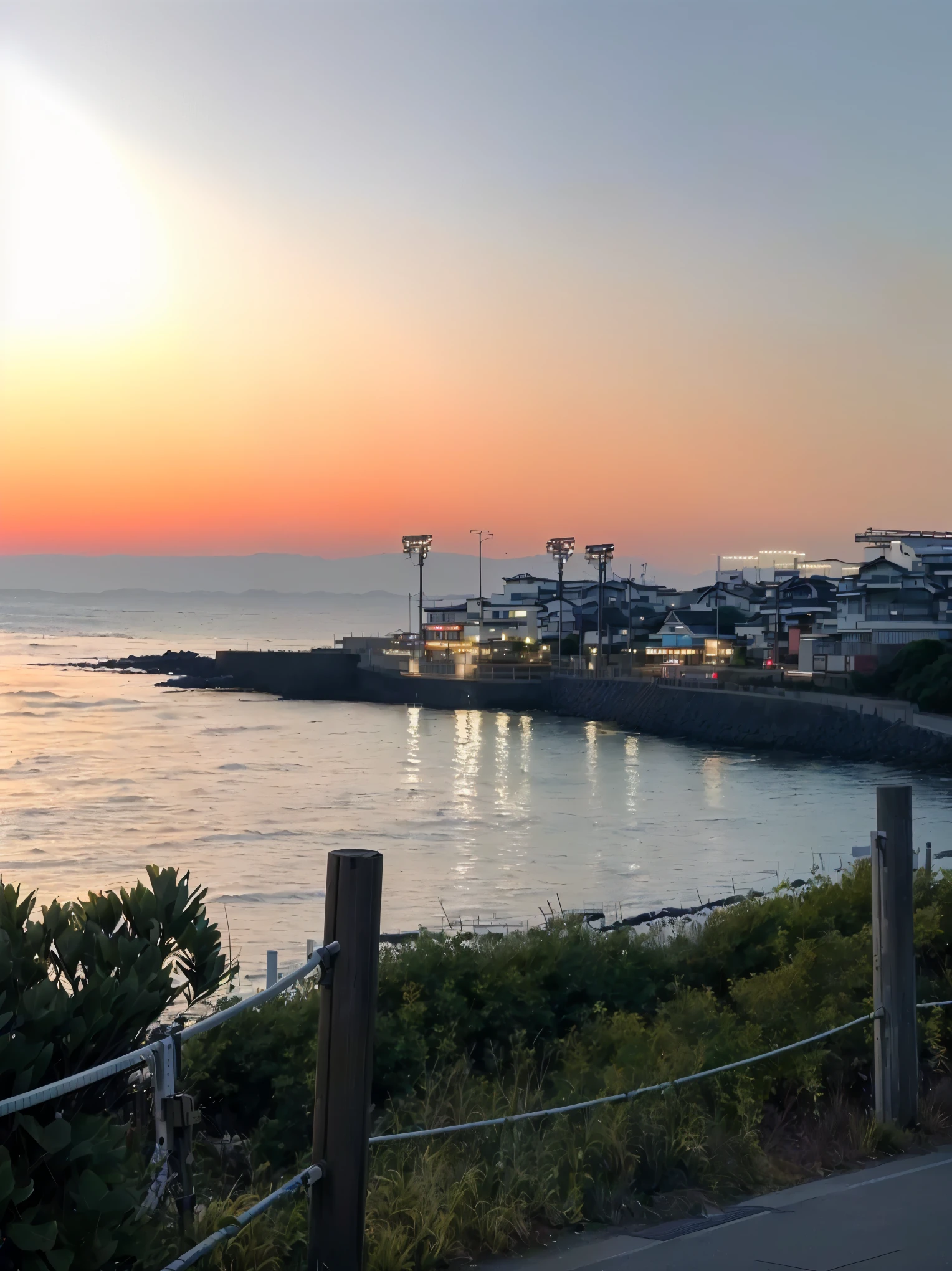 A man rides a bicycle on a path near the water, Japan Shonan Eto, Shot with iPhone 1 3 Pro, sunset kanagawa prefecture, Shot with iPhone 14 Pro, Shot with iPhone 1 0, Shot with iPhone 1 3 Pro max, Shot with iPhone 1 3 Pro, dusk setting, Night settings, Summer environment, Week setting