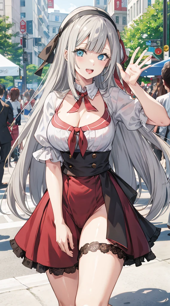 スカート捲り、Without skirt、The skirt is flipped up、Without skirt、White underwear、In underwear、Panties in full view、White panties、 1, 1girl, asahina mikuru, long hair, kita high , solo,  short sleeves, red ribbon, large breasts, cowboy shot, waving, outdoors, Underwear in full view、スカート無し