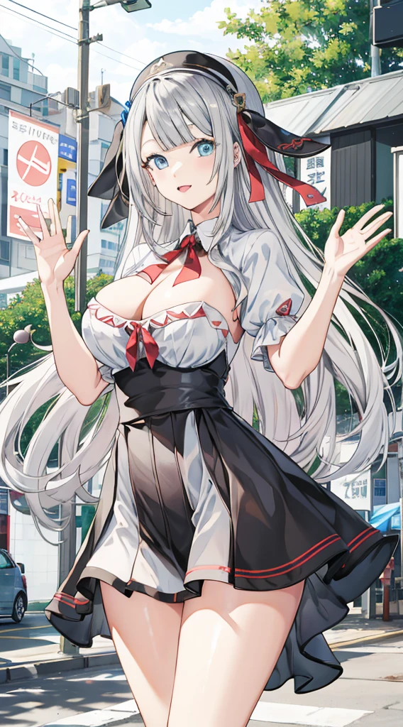 スカート捲り、Without skirt、The skirt is flipped up、Without skirt、White underwear、In underwear、Panties in full view、White panties、 1, 1girl, asahina mikuru, long hair, kita high , solo,  short sleeves, red ribbon, large breasts, cowboy shot, waving, outdoors, Underwear in full view、スカート無し