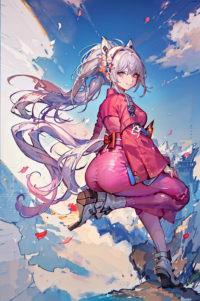 masterpiece, best quality, ultra-detailed, extremely detailed, 4K, 8K, best quality, beautiful, no bad anatomy ,watercolor, anime style, dynamic angle, jumping pose, Japanese-style room, 2 robot girls, 2 cute girls, shrine maiden, beautiful pink hair, beautiful silver eyes, beautiful eyes, ponytail, flowers, Japanese sword, smile, light smile, sparkling effect