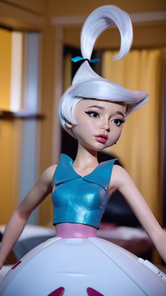 judy jetson, kissing, white hair, in hotel room, yandere, more detailed in hand, Fujifilm, Nikon, close-up, 16k, 8k, highres, best quality, award winning, high quality, high details, super detail, textured skin, anatomically correct, masterpiece