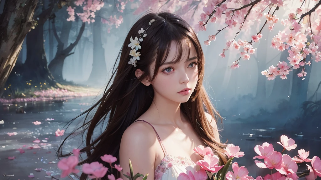 32k, Masterpiece, Highest quality, One girl, Brown Hair, Detailed eyes, flower,Freesia, Pink and navy style,A dreamy, romantic piece,Pale yellow, Mysterious Leaves,A playful arrangement,Fantasy,High Contrast,Ink strokes,explosion,Exposure, Impression of pink and navy tones,Abstract,((Watercolours by John Berkey and Jeremy Mann )) Brush strokes,Negative Space, Tyndall effect,