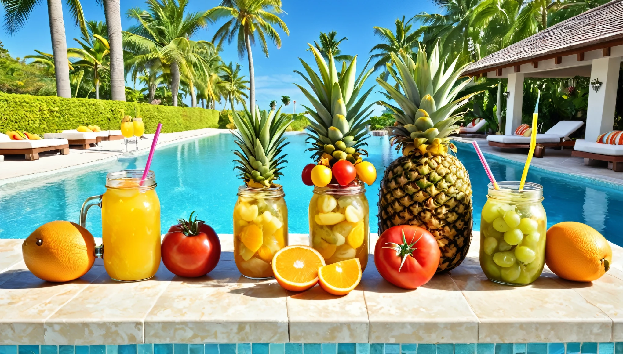 A vibrant and colorful scene featuring three mason jar glasses filled with tropical fruit drinks, each adorned with slices of pineapple and cherries. The jars have striped yellow straws. Surrounding the drinks are an assortment of fresh fruits, including pineapples, oranges, strawberries, grapes, and a tomato. The background showcases a luxurious poolside setting with clear blue water, palm trees, and a bright sunny sky, evoking a sense of a tropical paradise