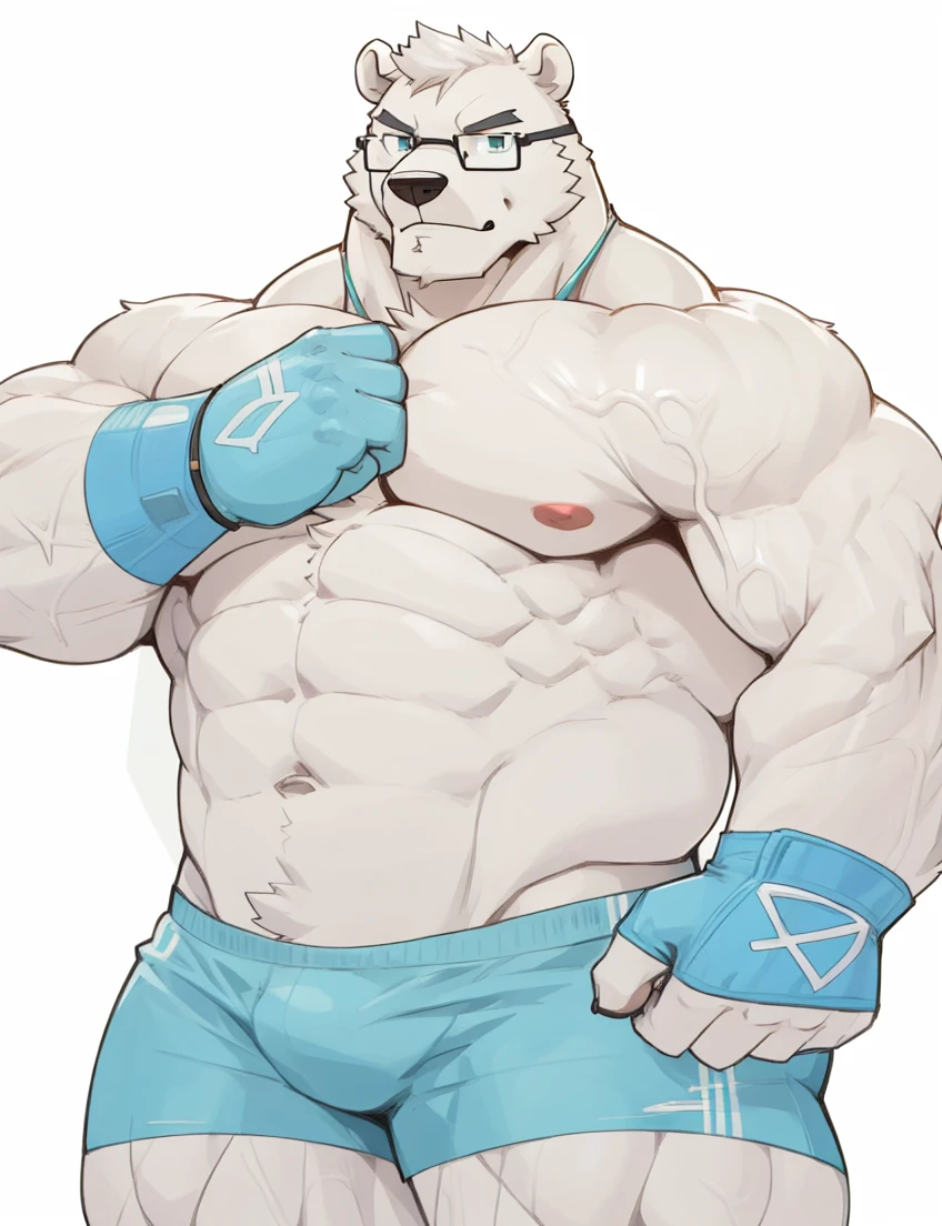 solo, 1boy, Huge Muscular White Polar Bear wearing glasses, huge white fur, pectoral, huge pectoral, wide pectoral, short white hair, blue colored short pants, blue colored wristbands and shirtless and topless, white bearded, white Mustache, white fur, simple background, masterpiece, high detailed, 8k, high resolution, at the gym, flexes huge muscles very veiny body