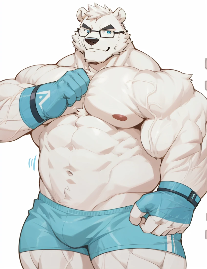 solo, 1boy, Huge Muscular White Polar Bear wearing glasses, huge white fur, pectoral, huge pectoral, wide pectoral, short white hair, blue colored short pants, blue colored wristbands and shirtless and topless, white bearded, white Mustache, white fur, simple background, masterpiece, high detailed, 8k, high resolution, at the gym, flexes huge muscles very veiny body