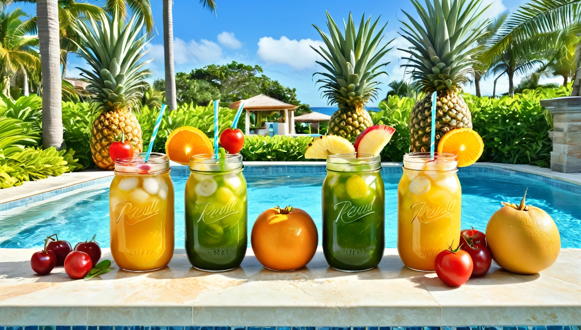 A vibrant and colorful scene featuring three mason jar glasses filled with tropical fruit drinks, each adorned with slices of pineapple and cherries. The jars have striped yellow straws. Surrounding the drinks are an assortment of fresh fruits, including pineapples, oranges, strawberries, grapes, and a tomato. The background showcases a luxurious poolside setting with clear blue water, palm trees, and a bright sunny sky, evoking a sense of a tropical paradise