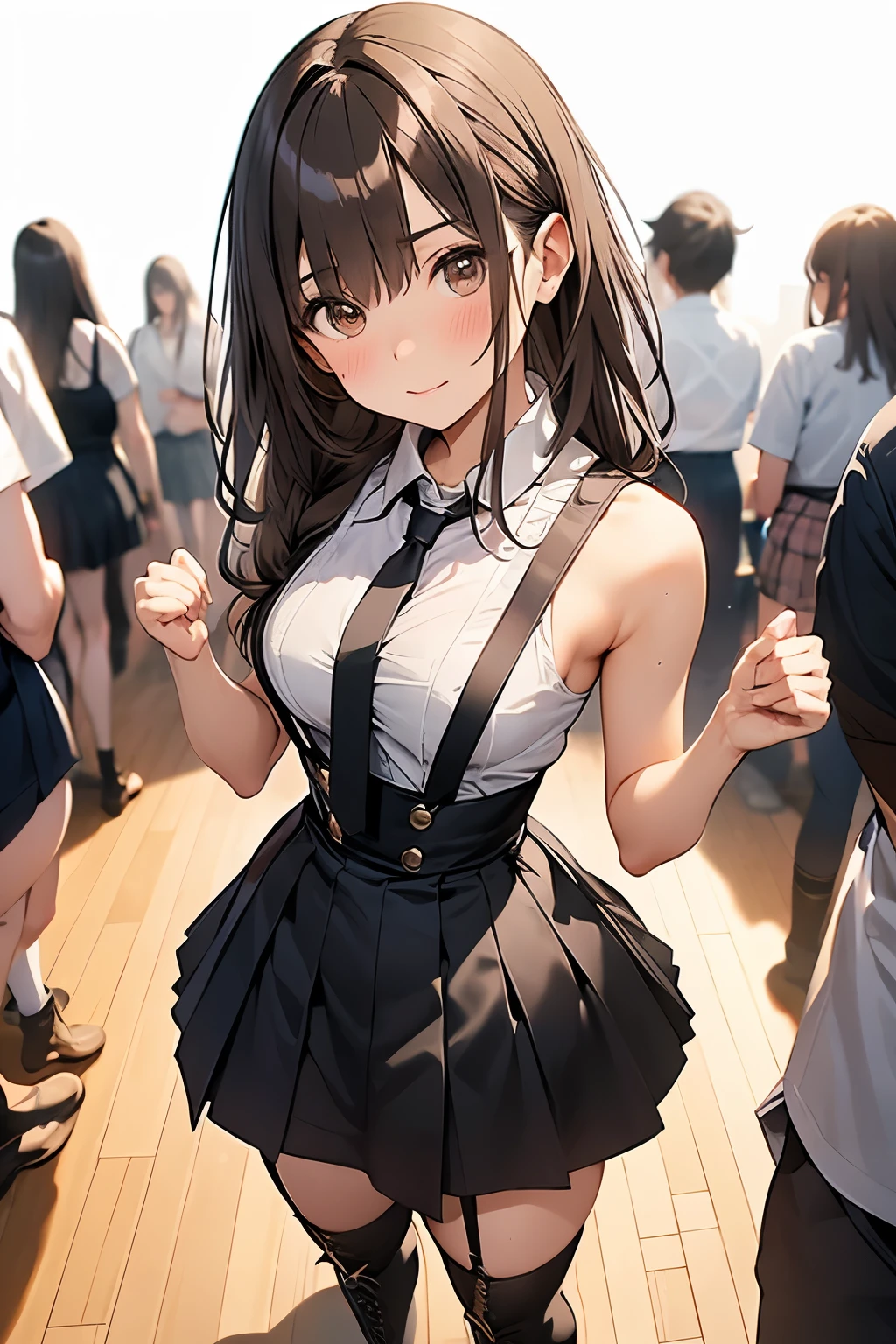 Brown Hair、Looking at the audience suspenders bulging big breasts Black mini skirt garter belt Knee-high socks sight Small face bangs beauty Show your hand sight Black boots Taunt Armpit sweat One person Put your hands behind your back Dress shirt Panty shot