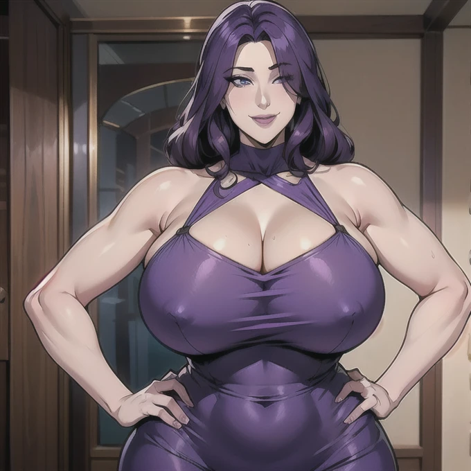 1girl, solo, curly hair, long hair, purple hair, purple eyes, hair over one eye, mature female, milf, motherly, big breasts, narrow waist, wide hips, purple halter dress, long purple gloves, hands on hips, smile, looking at viewer