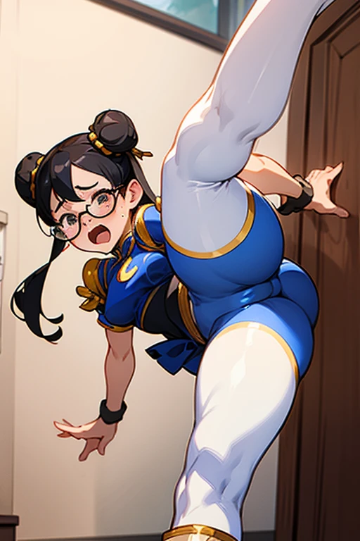 A chubby girl with glasses and black hair and freckles dressed as Chun-Li wearing white boots in her room, crying and screaming while sticking out her butt