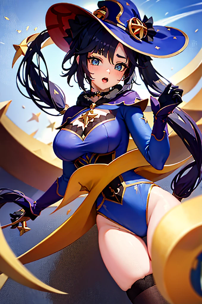 ,beautiful breasts,laugh with open mouth,black hair,twin tail,Best image quality,best quality、big blue hat