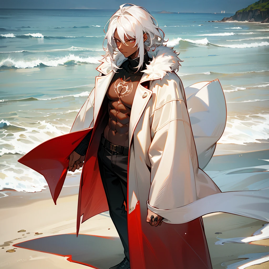 1male, young adult, dark skin, finely detailed crimson eyes, wild medium hair, seashell white hair color, long sleeve turtleneck sweater, oversized fur coat, standing on coast, day time, beach, somber expression, muscular, flowers, tattoos