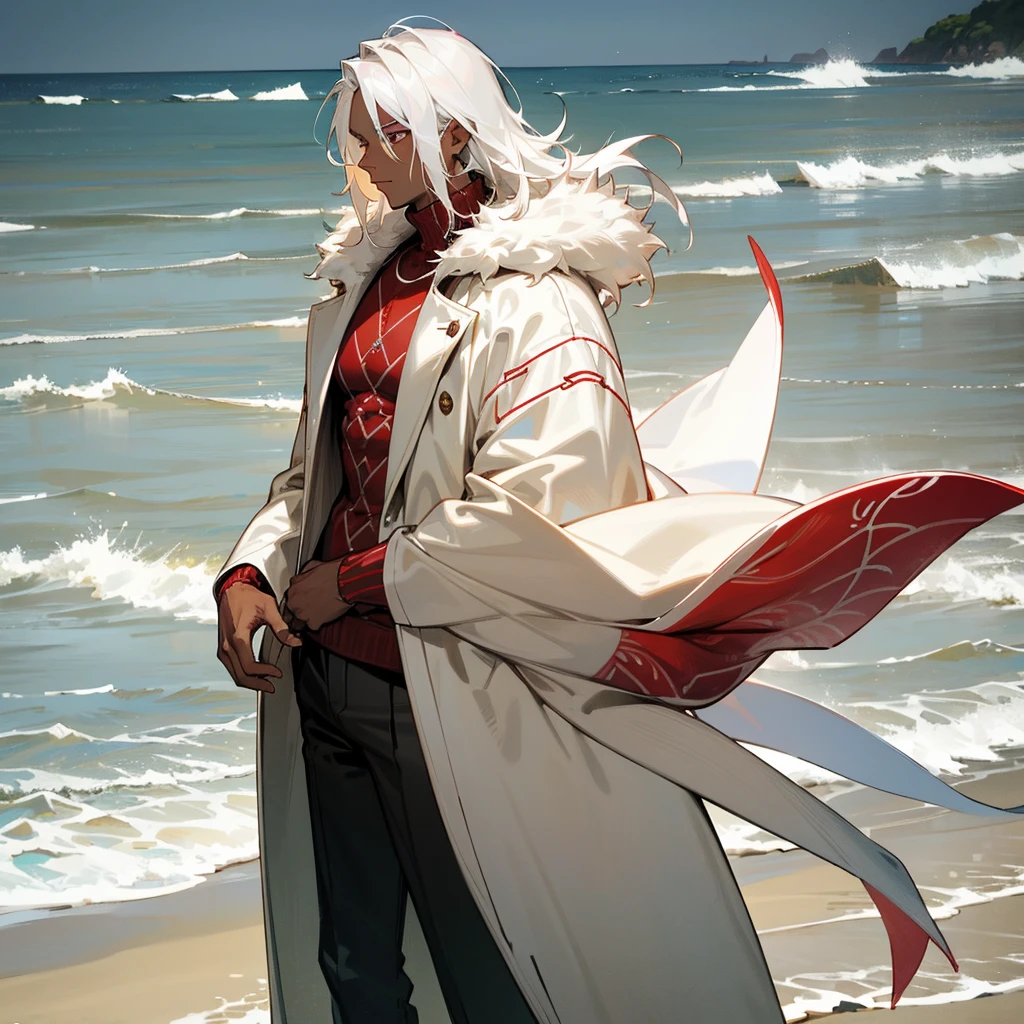 1male, young adult, dark skin, finely detailed crimson eyes, wild medium hair, seashell white hair color, long sleeve turtleneck sweater, oversized fur coat, standing on coast, day time, beach, somber expression, muscular, flowers, tattoos