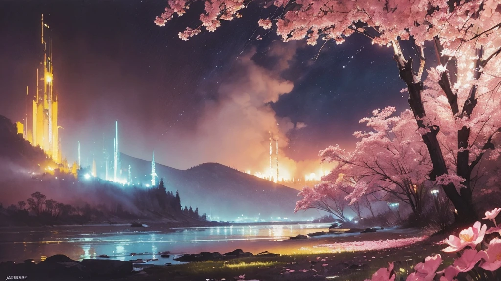 32k, Masterpiece, Highest quality, One girl, Brown Hair, Detailed eyes, flower,Freesia, Pink and navy style,A dreamy, romantic piece,Pale yellow, Mysterious Leaves,A playful arrangement,Fantasy,High Contrast,Ink strokes,explosion,Exposure, Impression of pink and navy tones,Abstract,((Watercolours by John Berkey and Jeremy Mann )) Brush strokes,Negative Space, Tyndall effect,