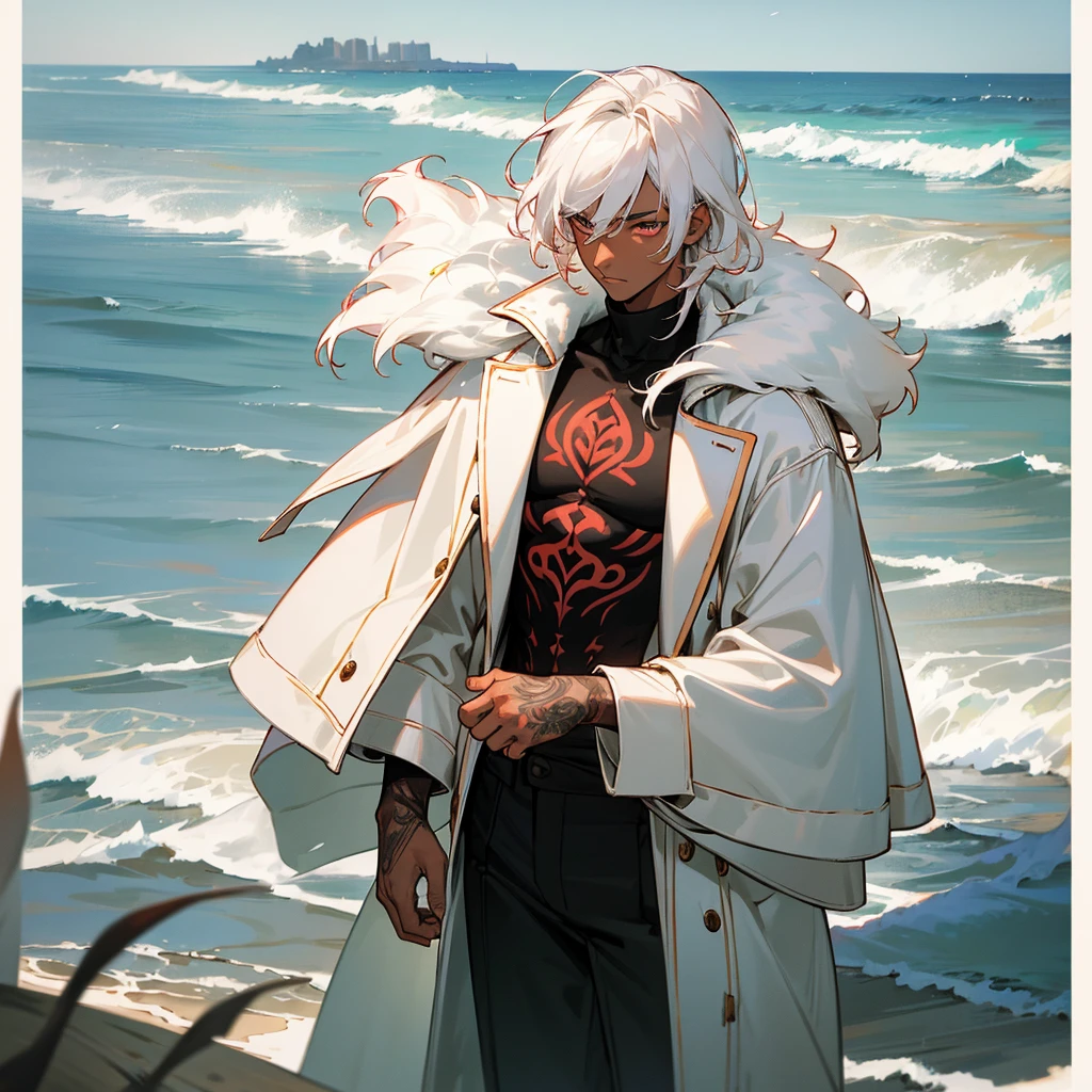 1male,  adult, dark skin, finely detailed crimson eyes, wild medium hair, seashell white hair color, long sleeve turtleneck sweater, oversized fur coat, standing on coast, day time, beach, somber expression, muscular, flowers, tattoos