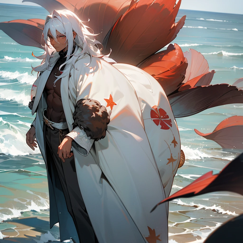 1male, young adult, dark skin, finely detailed crimson eyes, wild medium hair, seashell white hair color, long sleeve turtleneck sweater, oversized fur coat, standing on coast, day time, beach, somber expression, muscular, flowers, tattoos