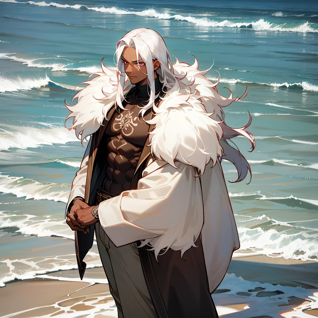 1male, young adult, dark skin, finely detailed crimson eyes, wild medium hair, seashell white hair color, long sleeve turtleneck sweater, oversized fur coat, standing on coast, day time, beach, somber expression, muscular, flowers, tattoos