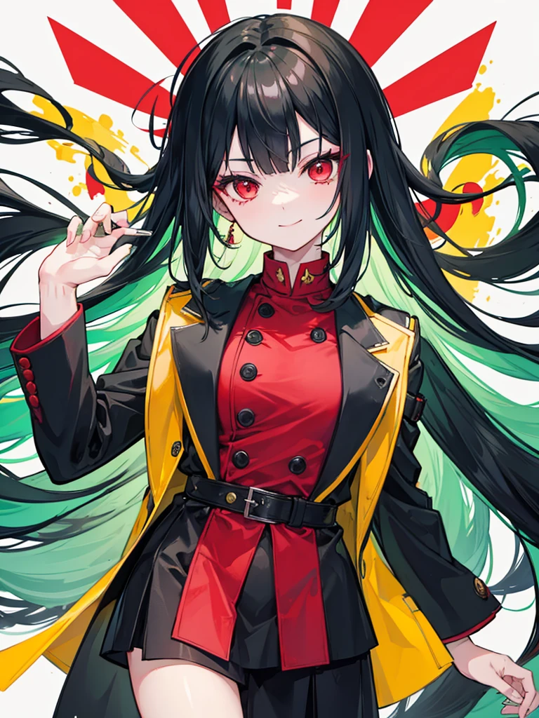 woman, red eyes, long curry wauy half black and green hair. wear gakuran, arrogant, independent woman. background in school. kind smile.