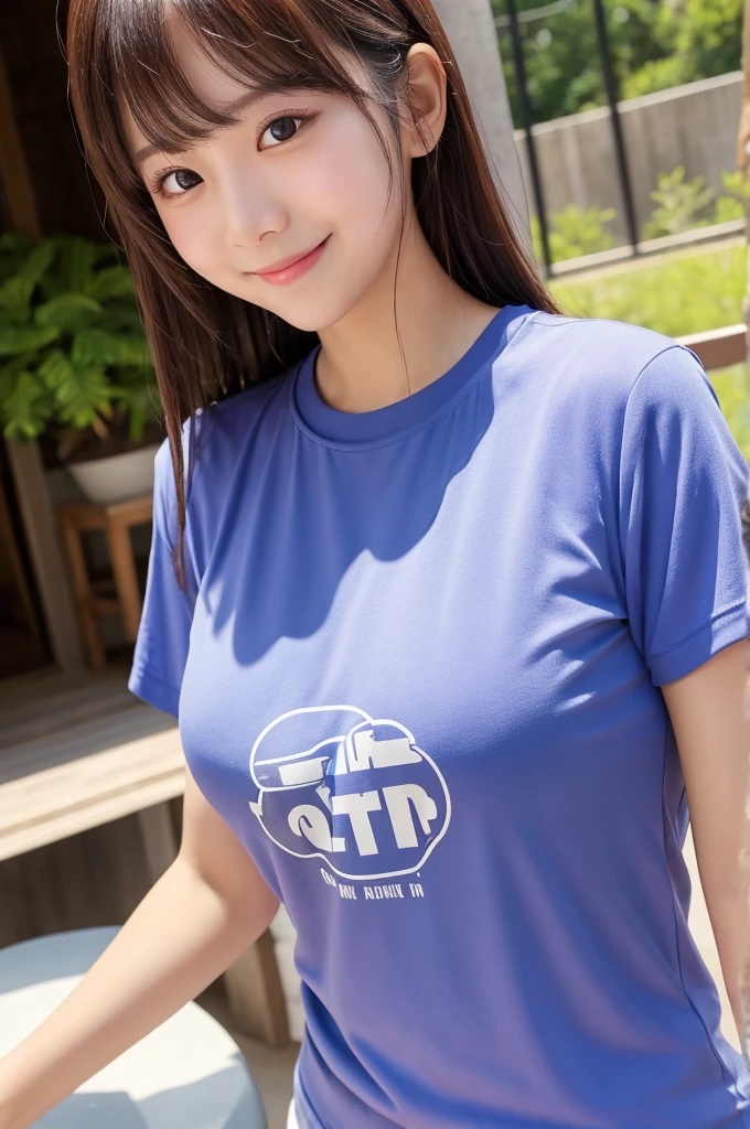 povbreastgrab, solo focus, 1girl, blush, looking at viewer, upper body, smile, bangs, sweat, wearing t-shirt