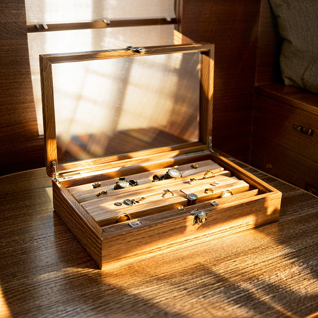 In this cozy room,A ray of sunlight shone through the half-drawn curtains on the table,Let the wood grain on the watch storage box shine with a faint luster。There was a calm and peaceful atmosphere in the air around them。There are several still lifes hanging on the walls of the room,It adds a touch of elegance to the space。And on the other side of the room,The half-open window lets in the breeze,The pages on the small desk by the window turned in the wind,This quiet scene gives a sense of tranquility and comfort。Soft sunlight falls on the box,Make its surface appear faintly shadowed。These shades make the texture of the box richer,More three-dimensional。The shadow of the box contrasts sharply with its surroundings,It also shows the delicacy and texture of the watch storage box。