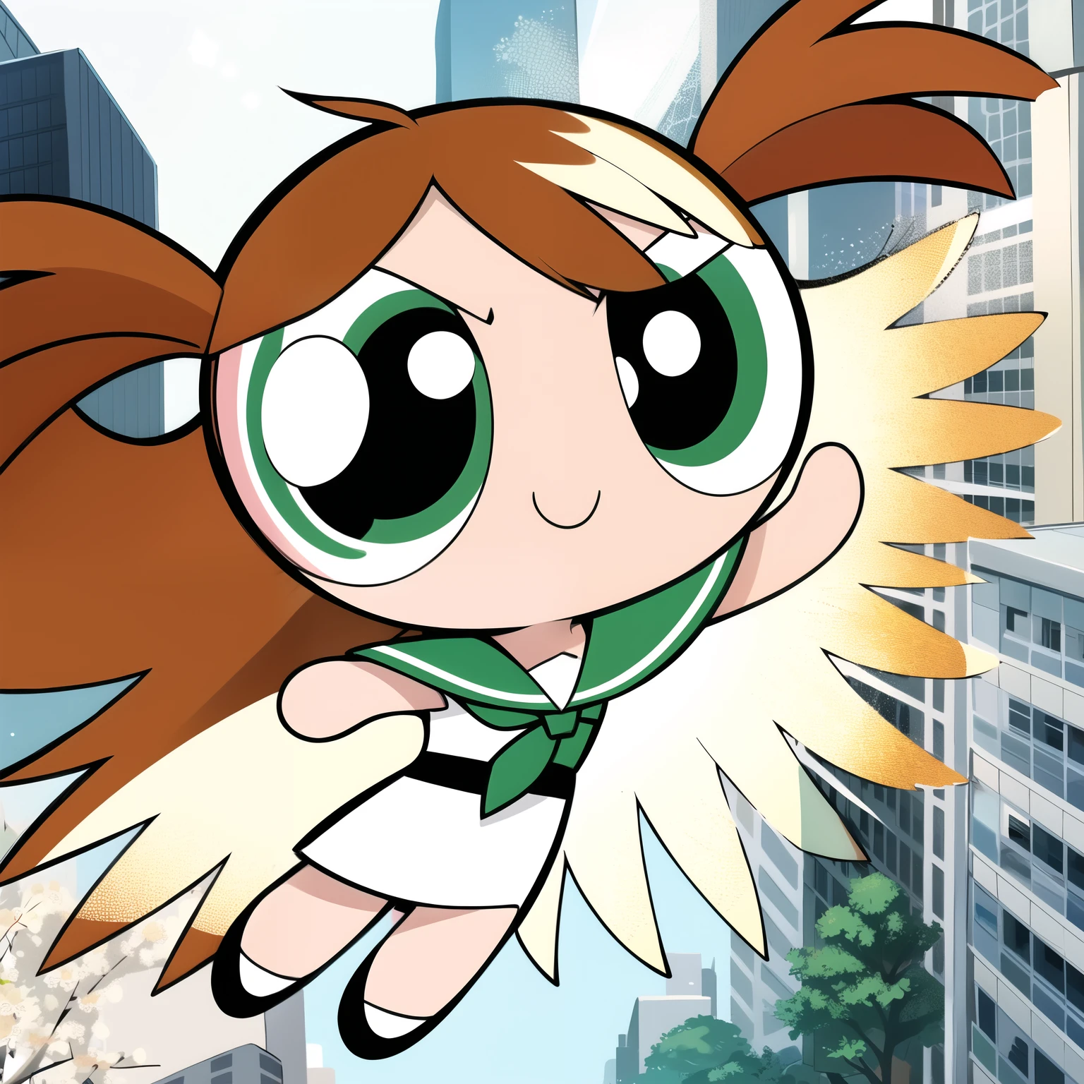 cute smile, full body, 1girl , chibi, ((brown hair)), mint colored eyes, white Sailor Dress, multicolored hair, city background,