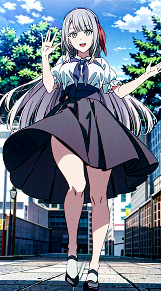 スカート捲り、Without skirt、The skirt is flipped up、Without skirt、White underwear、In underwear、Panties in full view、White panties、 1, 1girl, asahina mikuru, long hair, kita high , solo, short sleeves, red ribbon, large breasts, cowboy shot, waving, outdoors, Underwear in full view、スカート無し