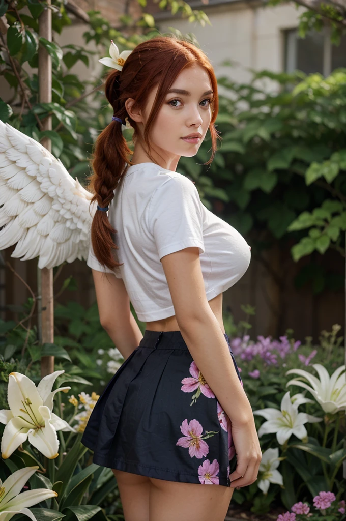 1 girl with red hair in a pigtail, facing the front of the screen, hair with many flowers, white skin, big breasts, big butt, purple short skirt and t-shirt, with angel wings, background Lily garden, standing and posing
