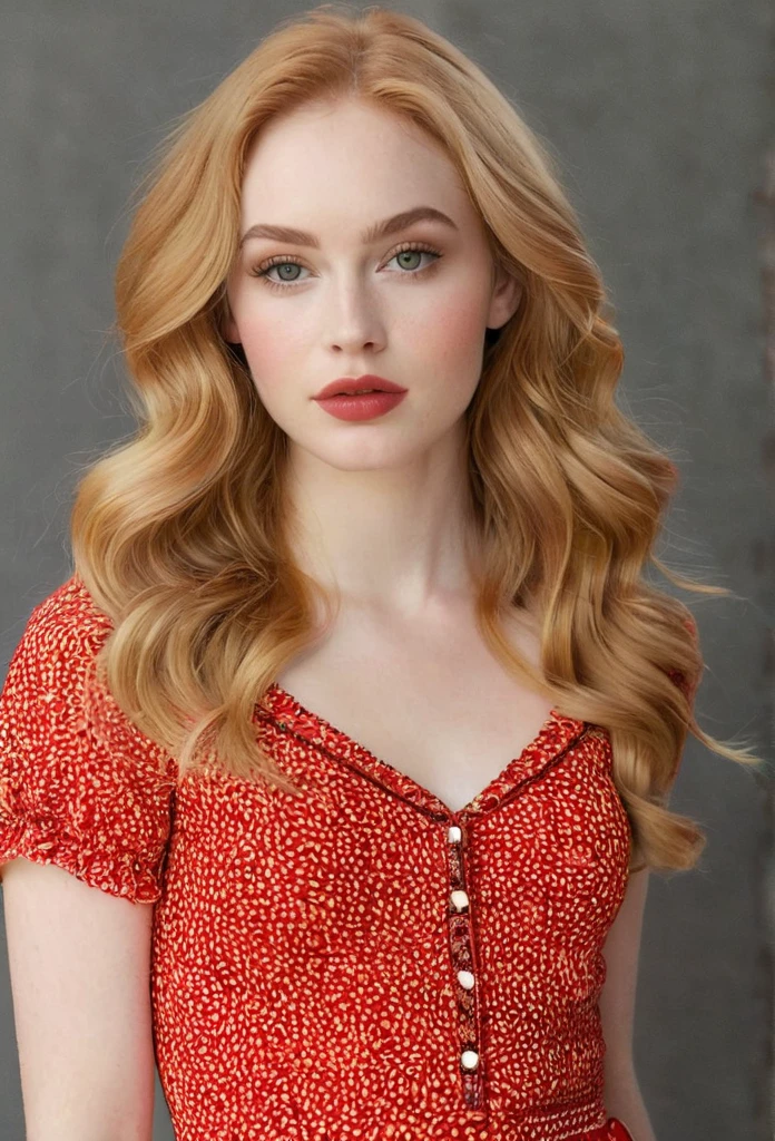 A small young woman with a pear-shaped body, narrow shoulders, small bust, narrow waist, wider hips, and full, rounded thighs. She has smooth, pale skin, long wavy strawberry blonde hair, large almond-shaped hazel eyes with thick dark lashes, a heart-shaped face, high cheekbones, a small upturned nose, and full rosy lips, short legs,
