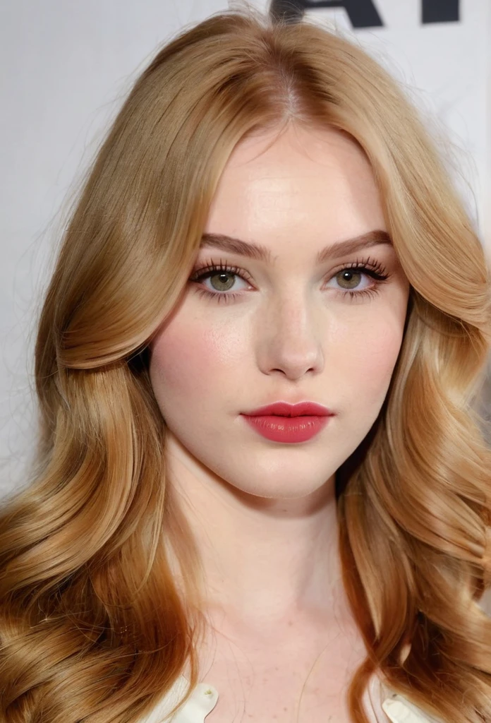 A small young woman with a pear-shaped body, narrow shoulders, small bust, narrow waist, wider hips, and full, rounded thighs. She has smooth, pale skin, long wavy strawberry blonde hair, large almond-shaped hazel eyes with thick dark lashes, a heart-shaped face, high cheekbones, a small upturned nose, and full rosy lips, short legs,