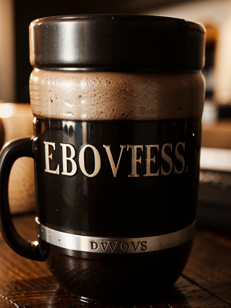 Black coffee in a mug engraved with the word DIVES 
