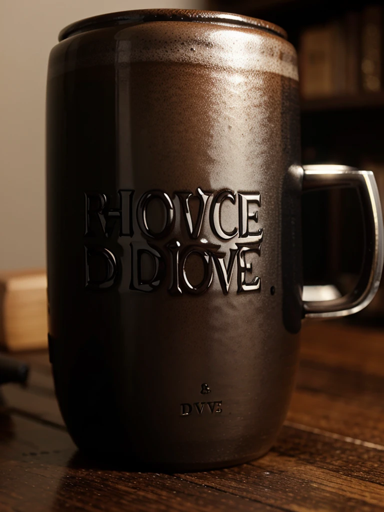 Black coffee in a mug engraved with the word DIVES 